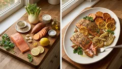 Lachs mit Fenchelkruste vom Blech – dazu knusprige Süßkartoffeln und Zitronen-Crème