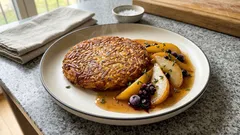 Rösti mal anders: knusprige Kartoffelrösti mit Birnenkompott und Thymian