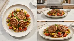 Bratwurst mit Ofengemüse vom Blech – alles aus einer Form, schön saftig