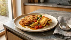 Kalbsschnitzel in Parmesan-Hülle – mit Fenchel-Tomaten-Gemüse und Grießschnitten