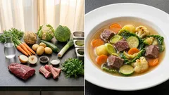 Klare Rindfleisch-Gemüsesuppe: kräftige Brühe mit gerösteter Zwiebel