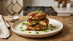 Zucchini-Halloumi-Puffer mit Sesam – knusprig aus der Pfanne, mit Chili-Honig
